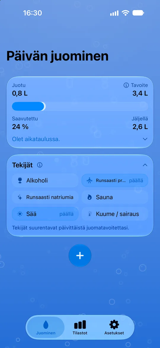 DailySip: tämän päivän tavoite ja kirjattu vedenjuonti