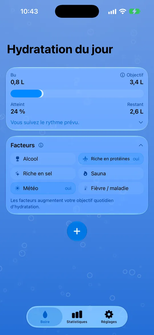 DailySip : objectif du jour et consommation d’eau enregistrée