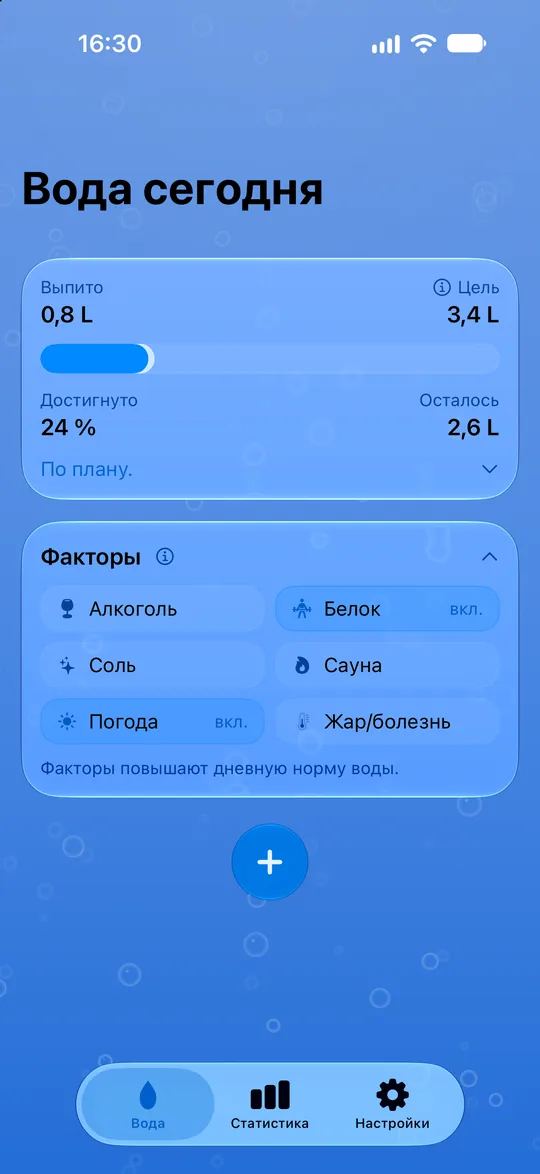 DailySip: сегодняшняя цель и записанное потребление воды