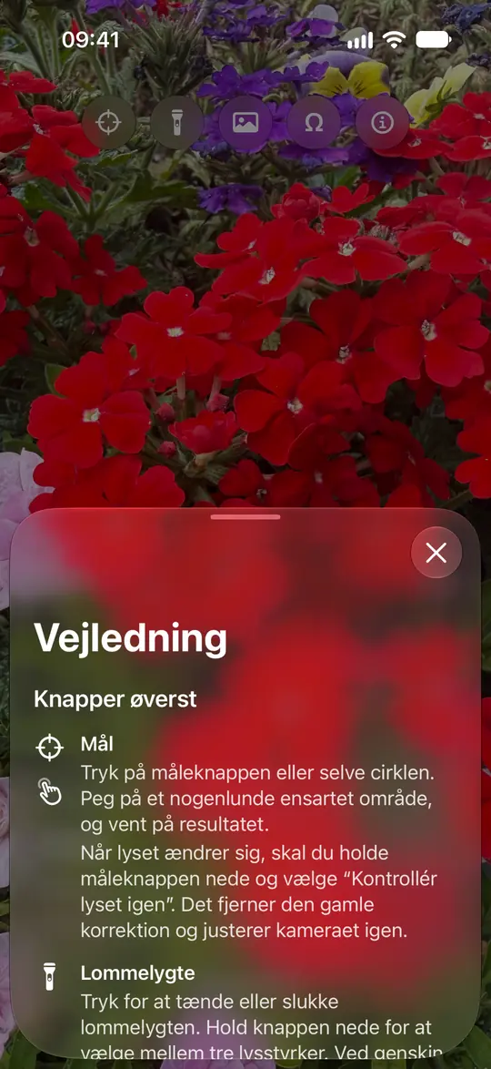 Opsinos kameraguide forklarer måling, cirklen, lommelygten, fotos og valgfri neutral kalibrering.