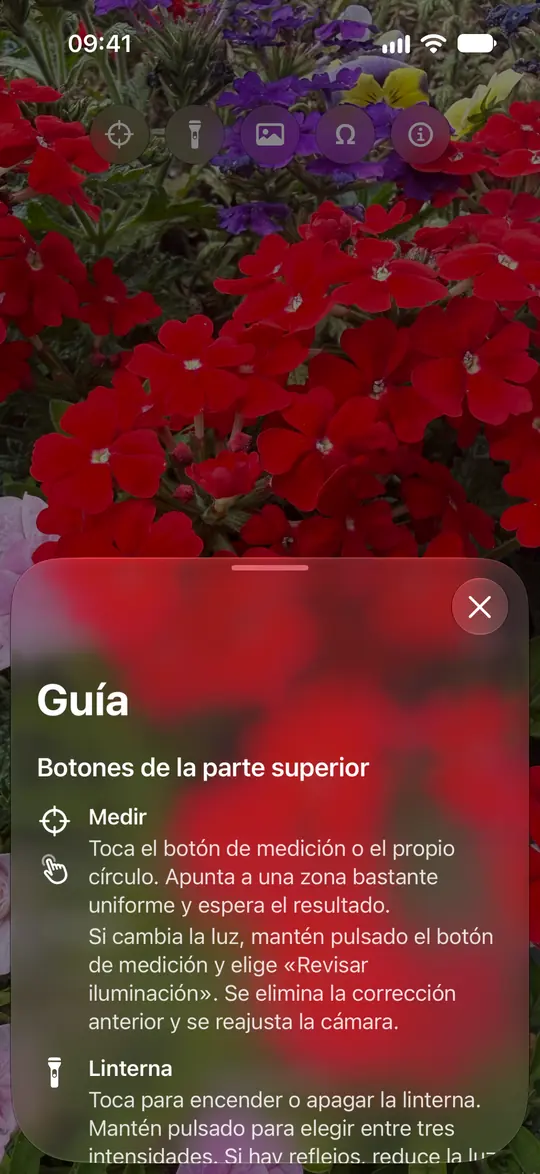 La guía de cámara de Opsino explica la medición, el círculo, la linterna, las fotos y la calibración neutra opcional.
