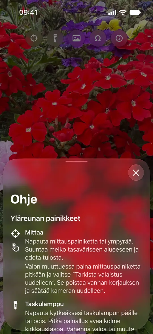 Opsinon kameraopas selittää mittaamisen, ympyrän, taskulampun, valokuvat ja valinnaisen neutraalin kalibroinnin.