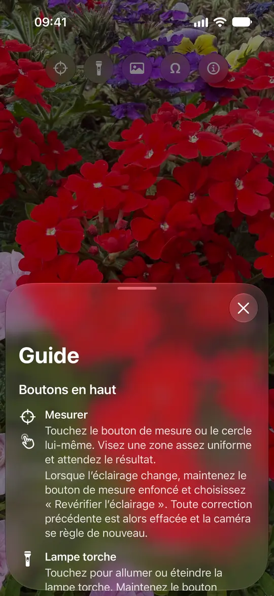 Le guide caméra d’Opsino explique la mesure, le cercle, la lampe torche, les photos et l’étalonnage neutre facultatif.