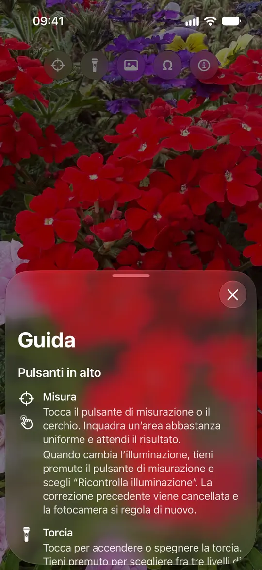 La guida della fotocamera di Opsino spiega misurazione, cerchio, torcia, foto e calibrazione neutra facoltativa.