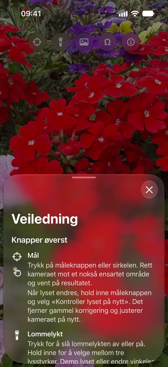 Opsinos kameraveiledning forklarer måling, sirkelen, lommelykten, bilder og valgfri nøytral kalibrering.