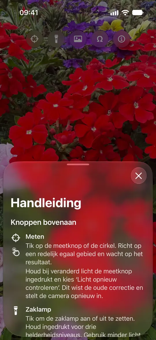 De camerahandleiding van Opsino legt meten, de cirkel, zaklamp, foto's en optionele neutrale kalibratie uit.