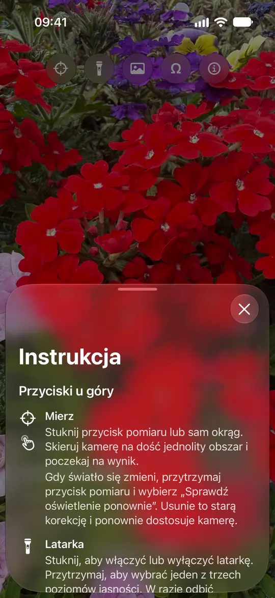 Przewodnik po aparacie Opsino wyjaśnia pomiar, koło, latarkę, zdjęcia i opcjonalną kalibrację neutralną.