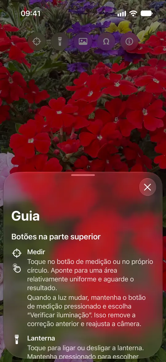 O guia de câmera do Opsino explica a medição, o círculo, a lanterna, as fotos e a calibração neutra opcional.