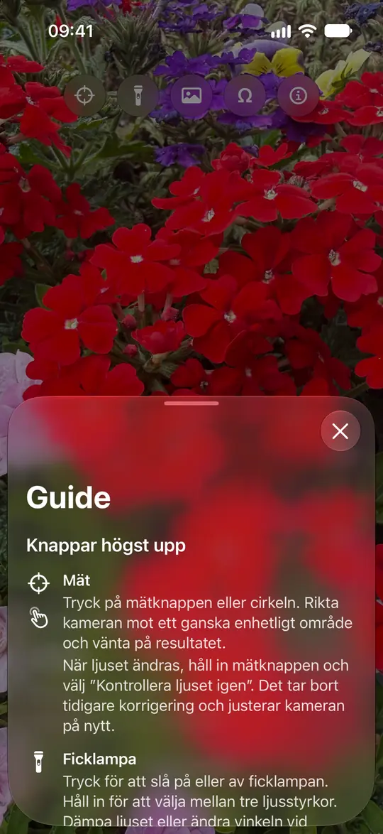 Opsinos kameraguide förklarar mätning, cirkeln, ficklampan, bilder och valfri neutral kalibrering.
