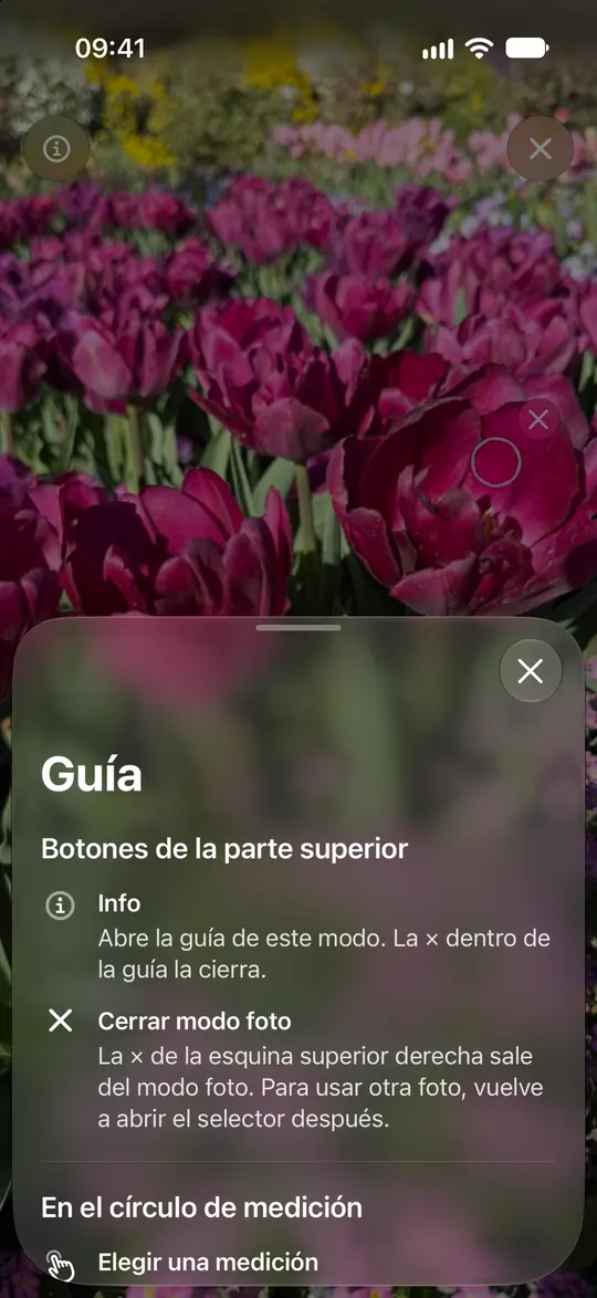 La guía de fotos de Opsino explica el círculo, el zoom y cómo quitar una lectura.