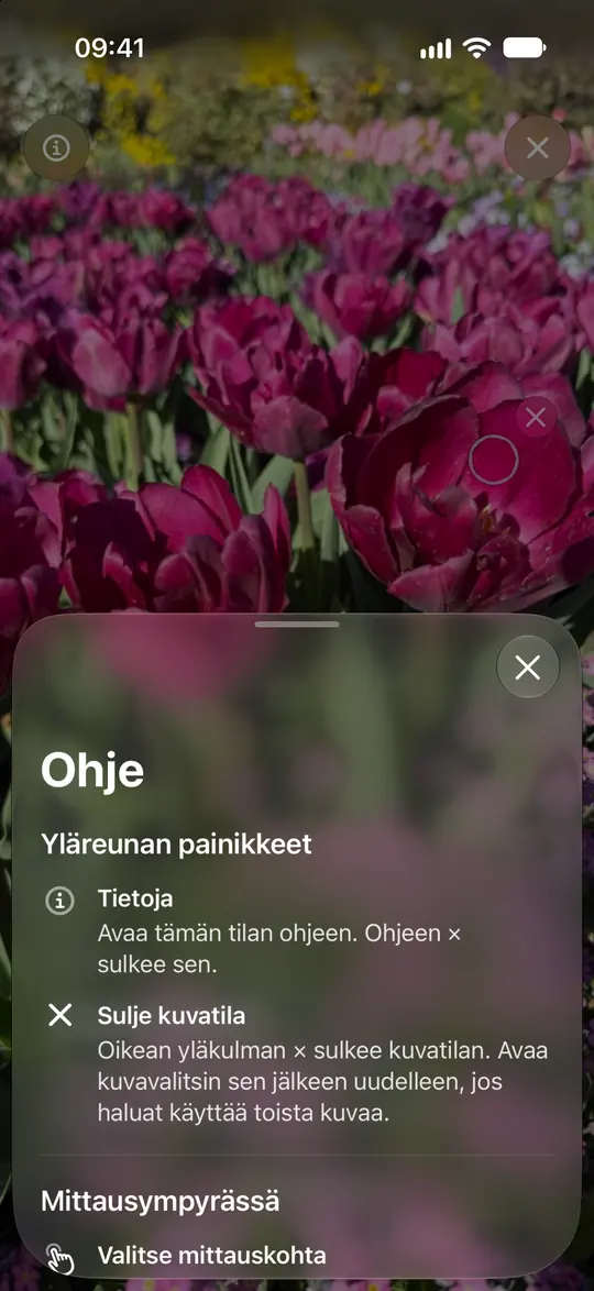 Opsinon valokuvaopas selittää ympyrän, zoomauksen ja mittauksen poistamisen.