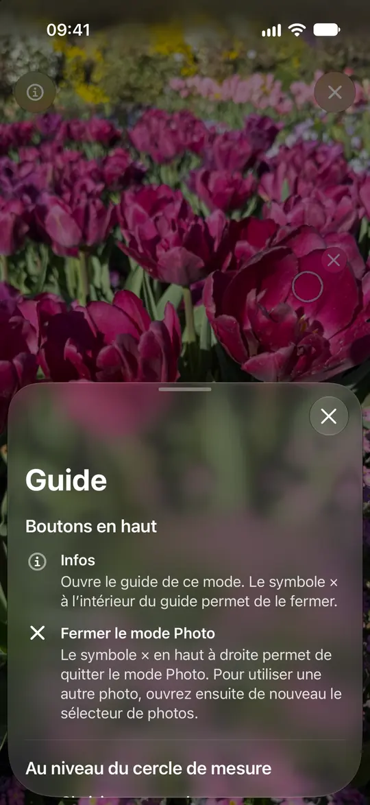 Le guide photo d’Opsino explique le cercle, le zoom et le retrait d’une mesure.