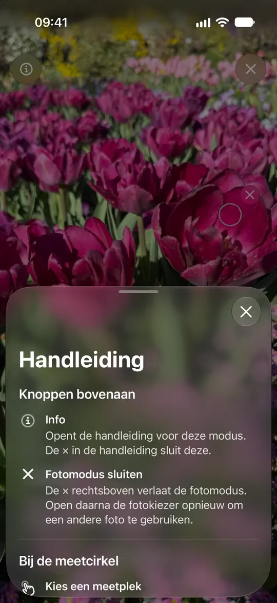 De fotohandleiding van Opsino legt de cirkel, zoom en het verwijderen van een meting uit.