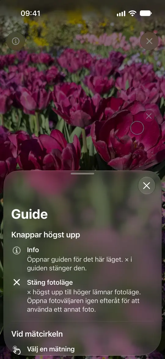 Opsinos bildguide förklarar cirkeln, zoom och att ta bort en mätning.