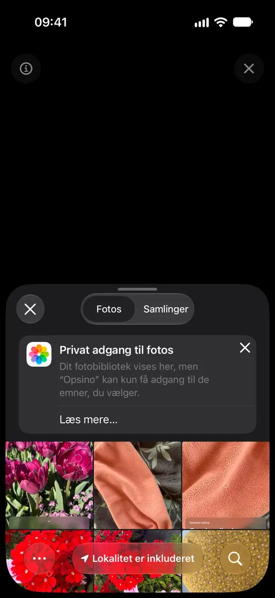 iOS' fotovælger forklarer, at Opsino kun modtager valgte fotos.