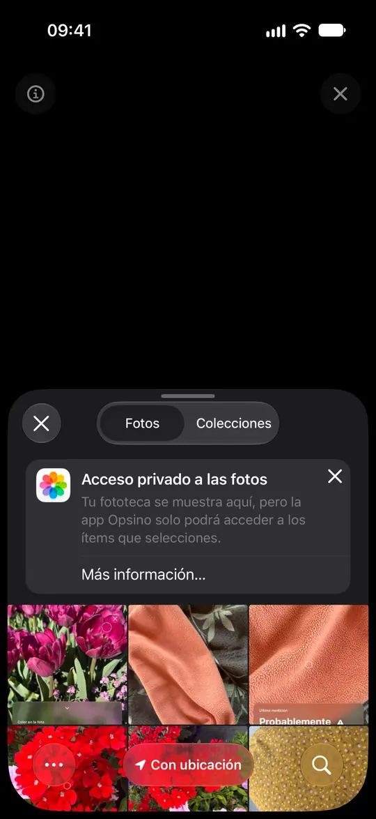 El selector de fotos de iOS explica que Opsino recibe solo las fotos seleccionadas.