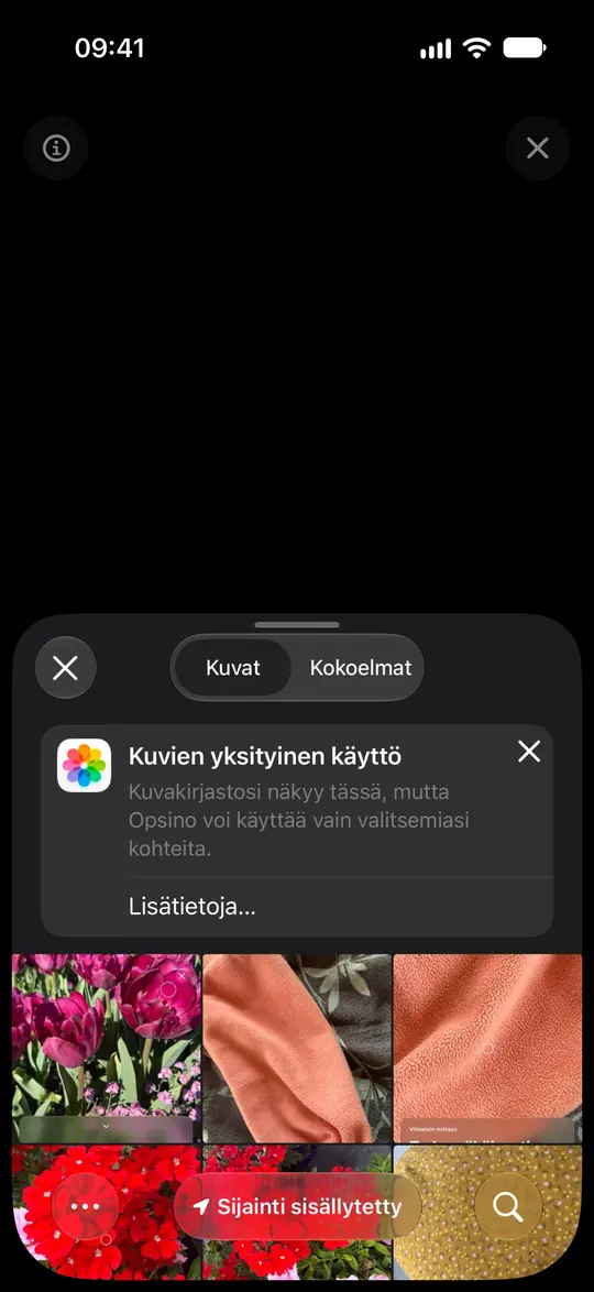 iOS:n kuvavalitsin selittää, että Opsino saa vain valitut valokuvat.