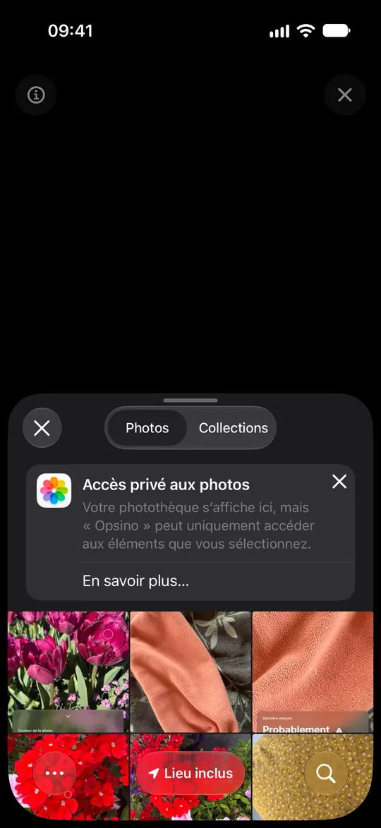 Le sélecteur de photos d’iOS explique qu’Opsino reçoit uniquement les photos sélectionnées.