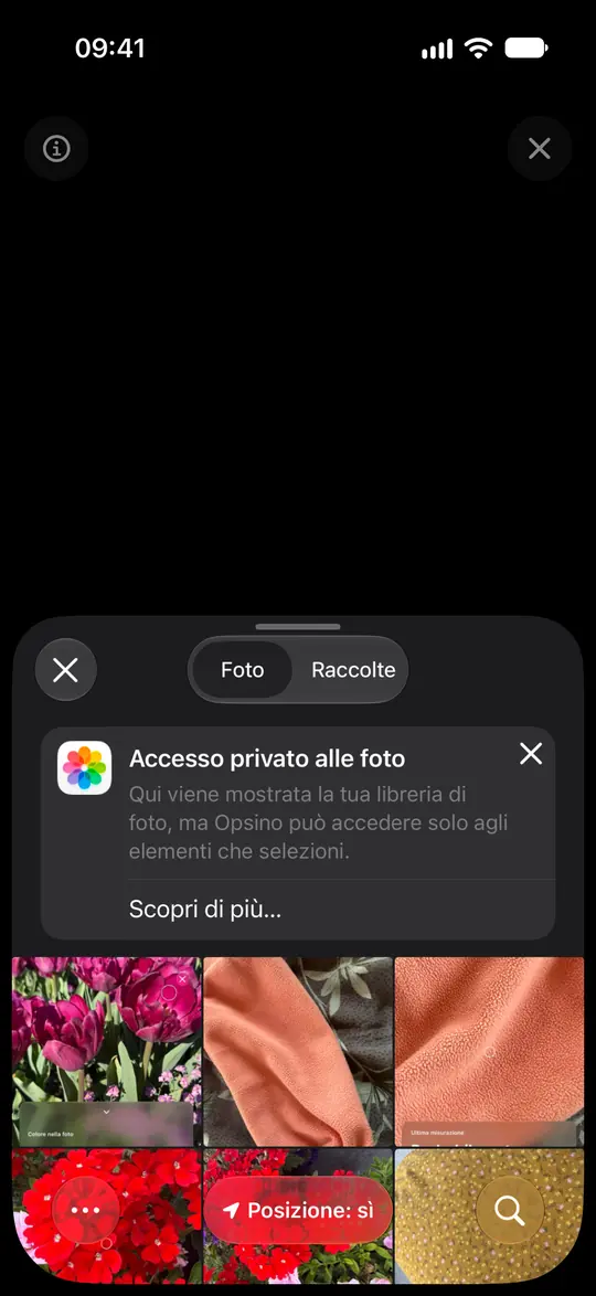 Il selettore foto iOS spiega che Opsino riceve solo le foto selezionate.