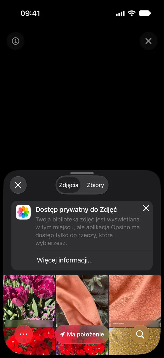 Systemowy wybór zdjęć iOS wyjaśnia, że Opsino otrzymuje wyłącznie wybrane zdjęcia.