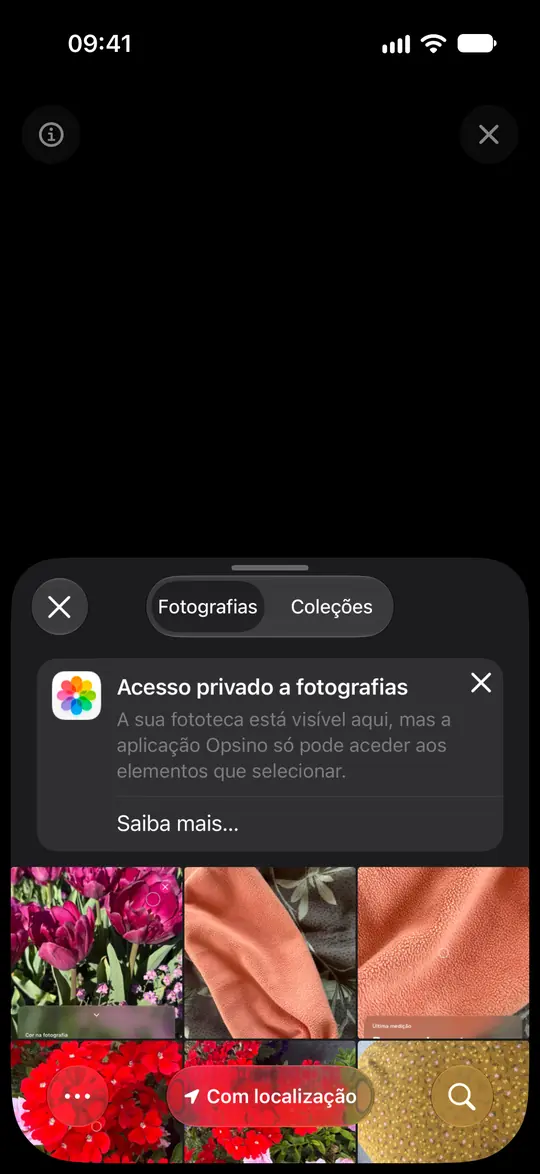 O seletor de fotografias do iOS explica que Opsino recebe apenas as fotografias selecionadas.