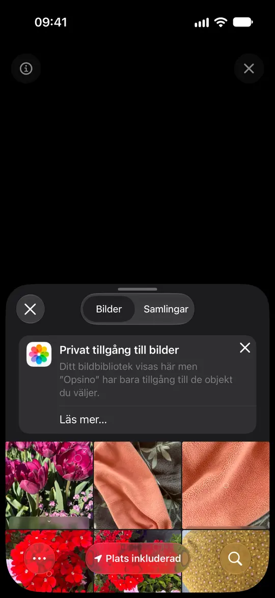 iOS-bildväljaren förklarar att Opsino bara får valda bilder.