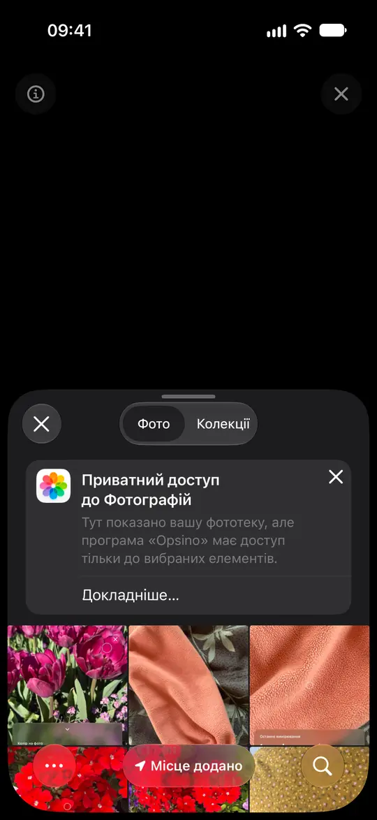 Системний вибір фотографій iOS пояснює, що Opsino отримує лише вибрані фотографії.