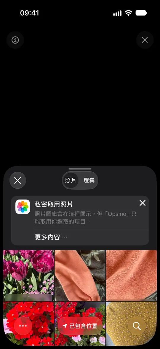 iOS 照片選擇器說明，Opsino 只會獲得選定的照片。