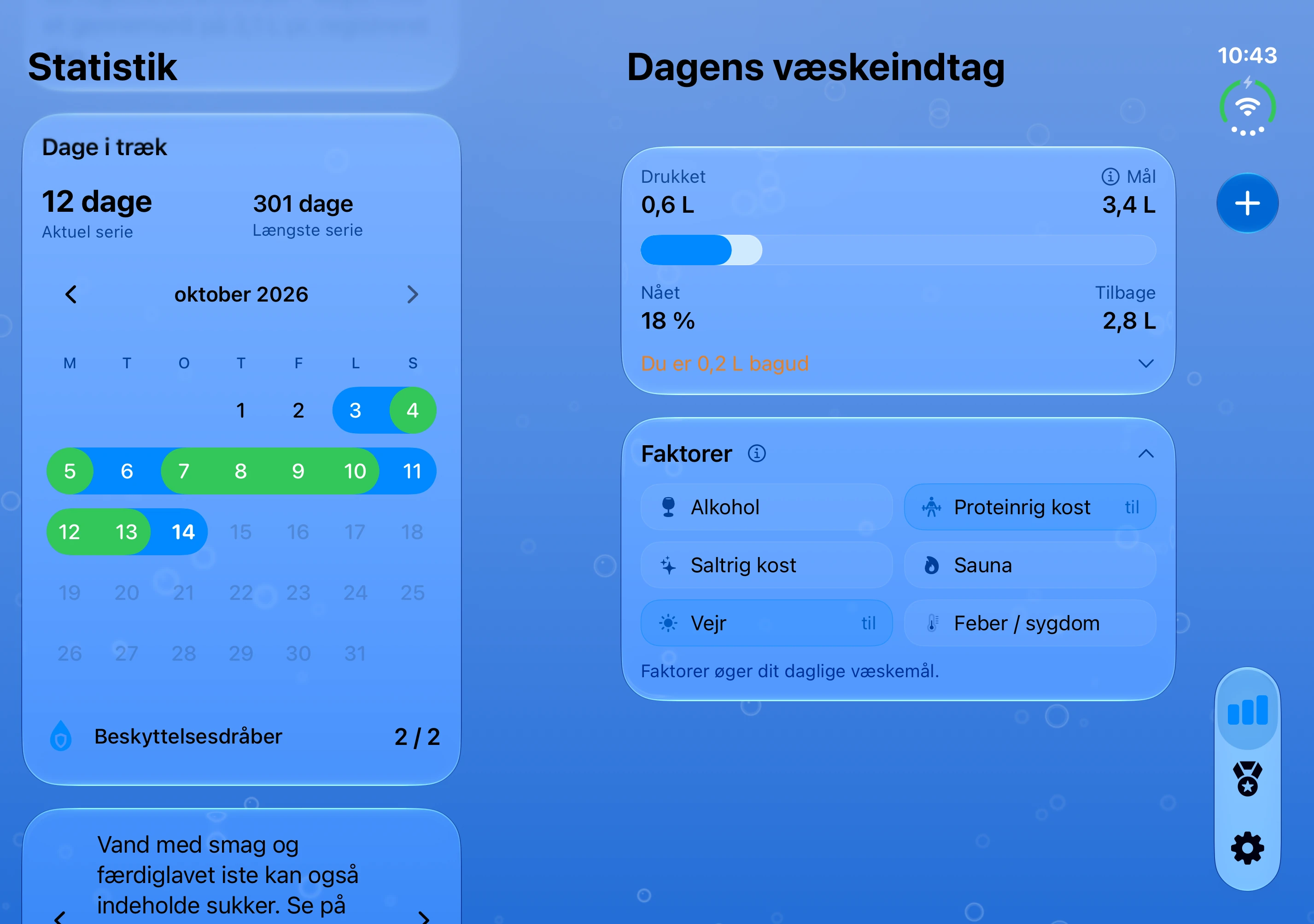 DailySip: vandoverblik ved siden af kalenderen på den indre skærm