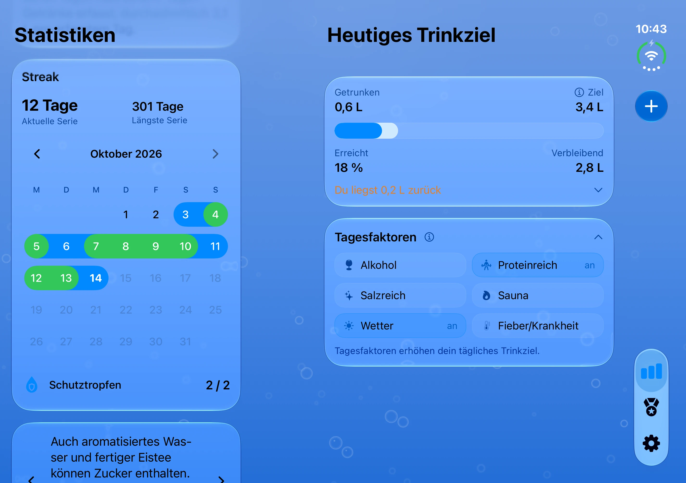 DailySip: Trinkübersicht neben dem Kalender auf dem Innendisplay