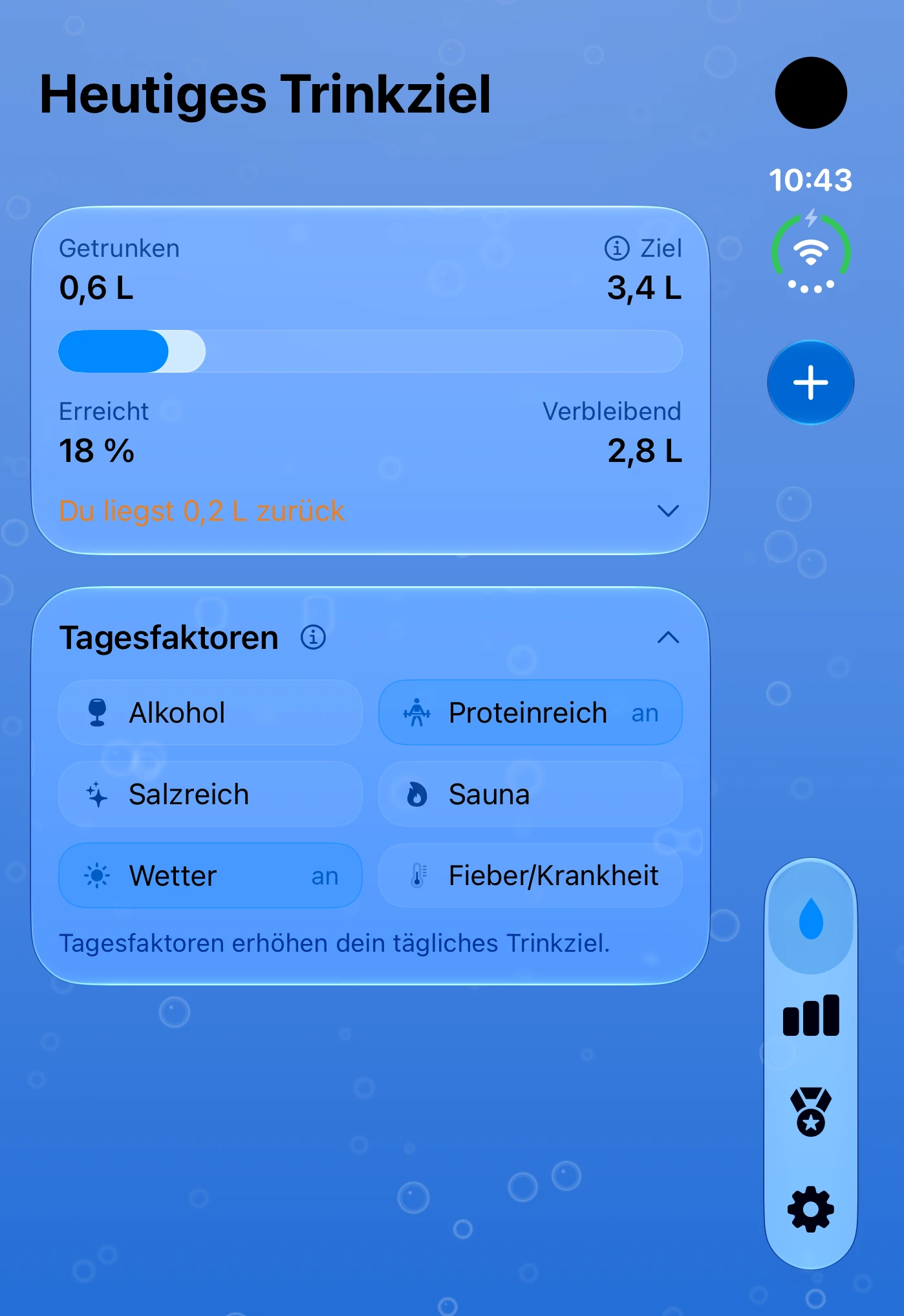 DailySip: Trinkziel und erfasste Wassermenge auf dem Außendisplay
