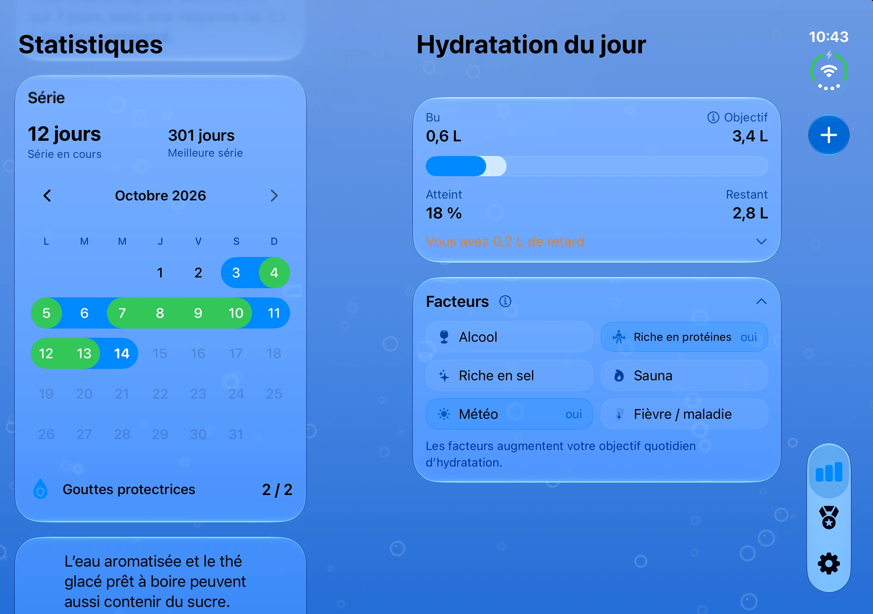 DailySip : suivi de l’eau à côté du calendrier sur l’écran intérieur
