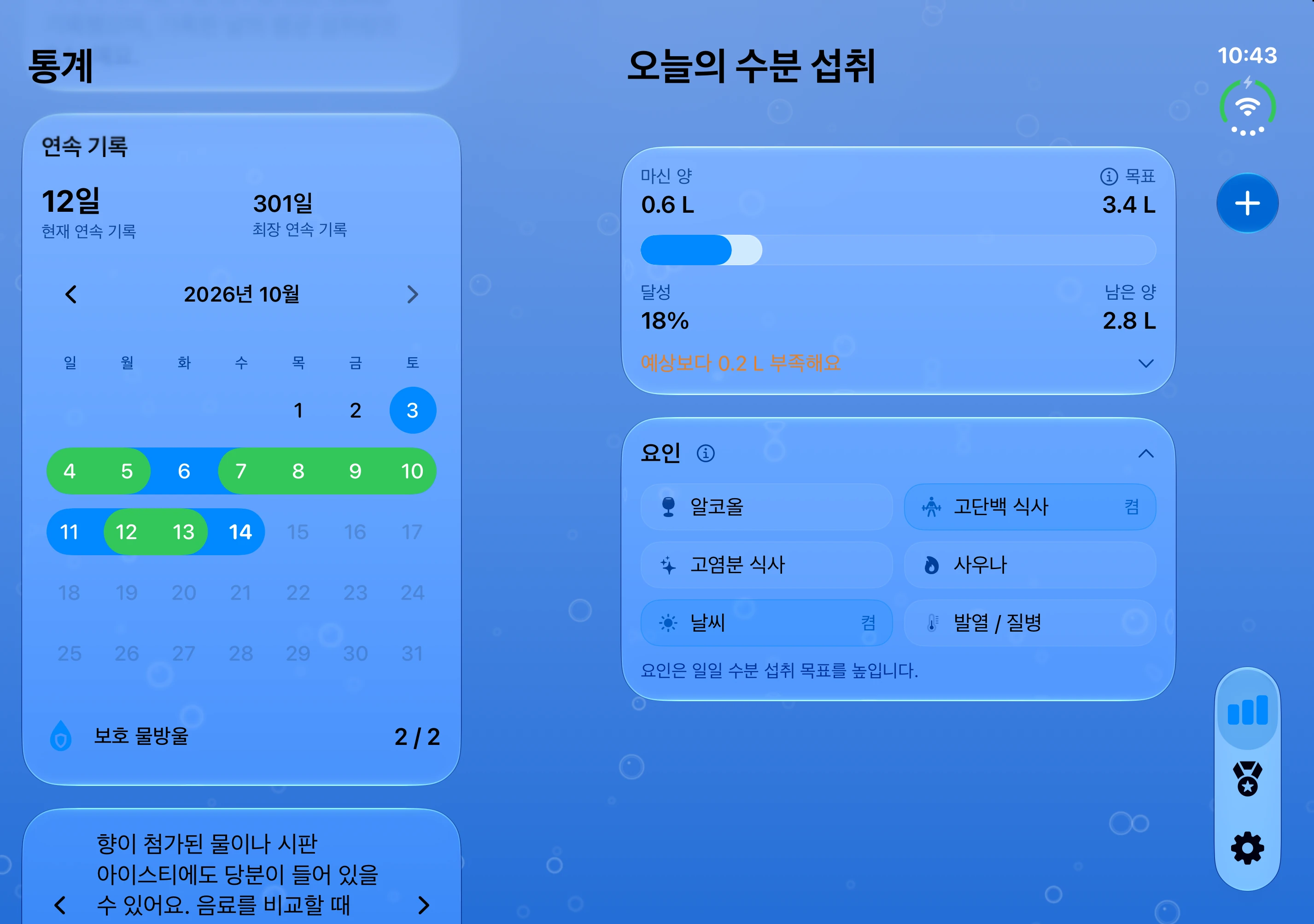 DailySip: 내부 디스플레이에 나란히 표시된 물 섭취 현황과 달력