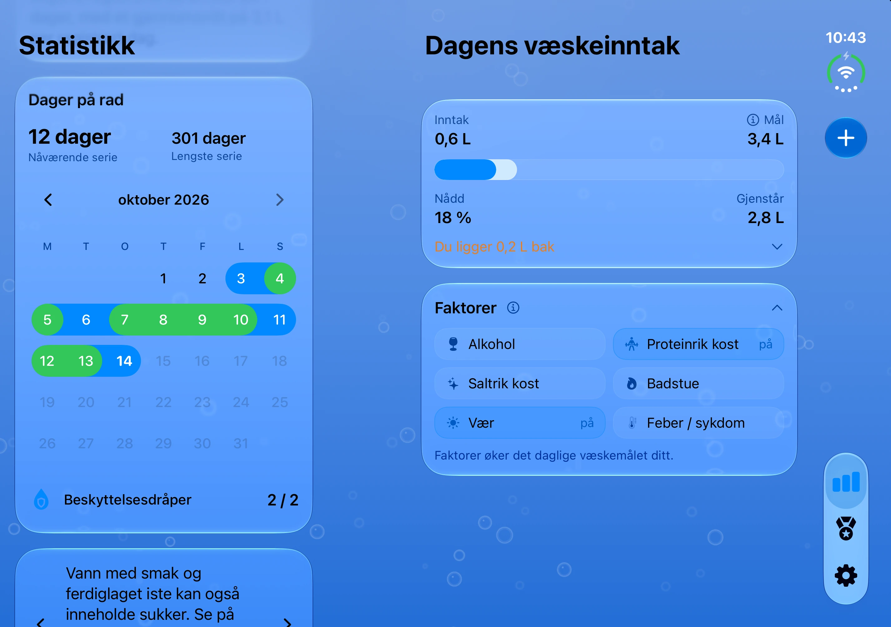 DailySip: vannoversikt ved siden av kalenderen på den indre skjermen