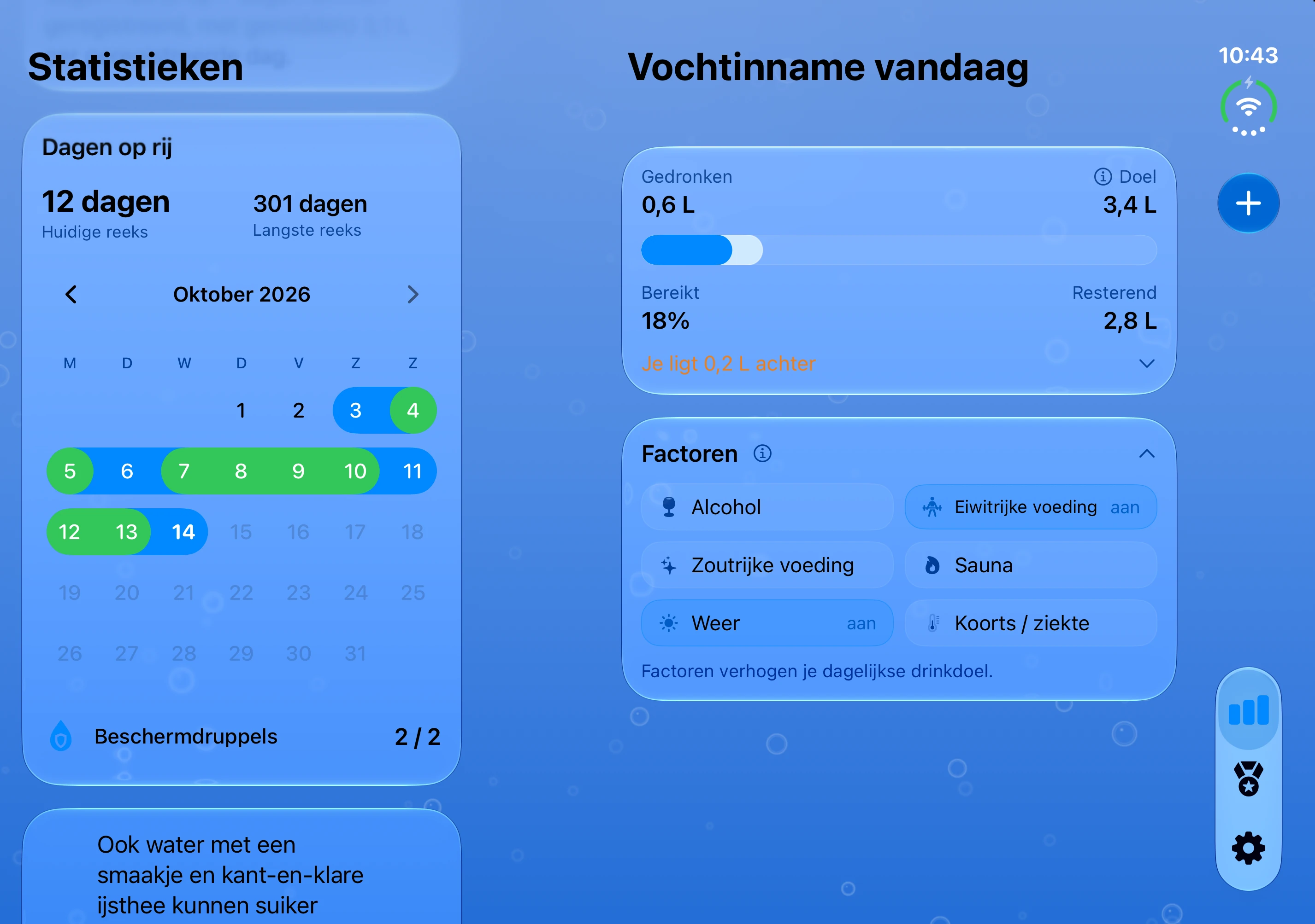 DailySip: wateroverzicht naast de kalender op het binnenscherm