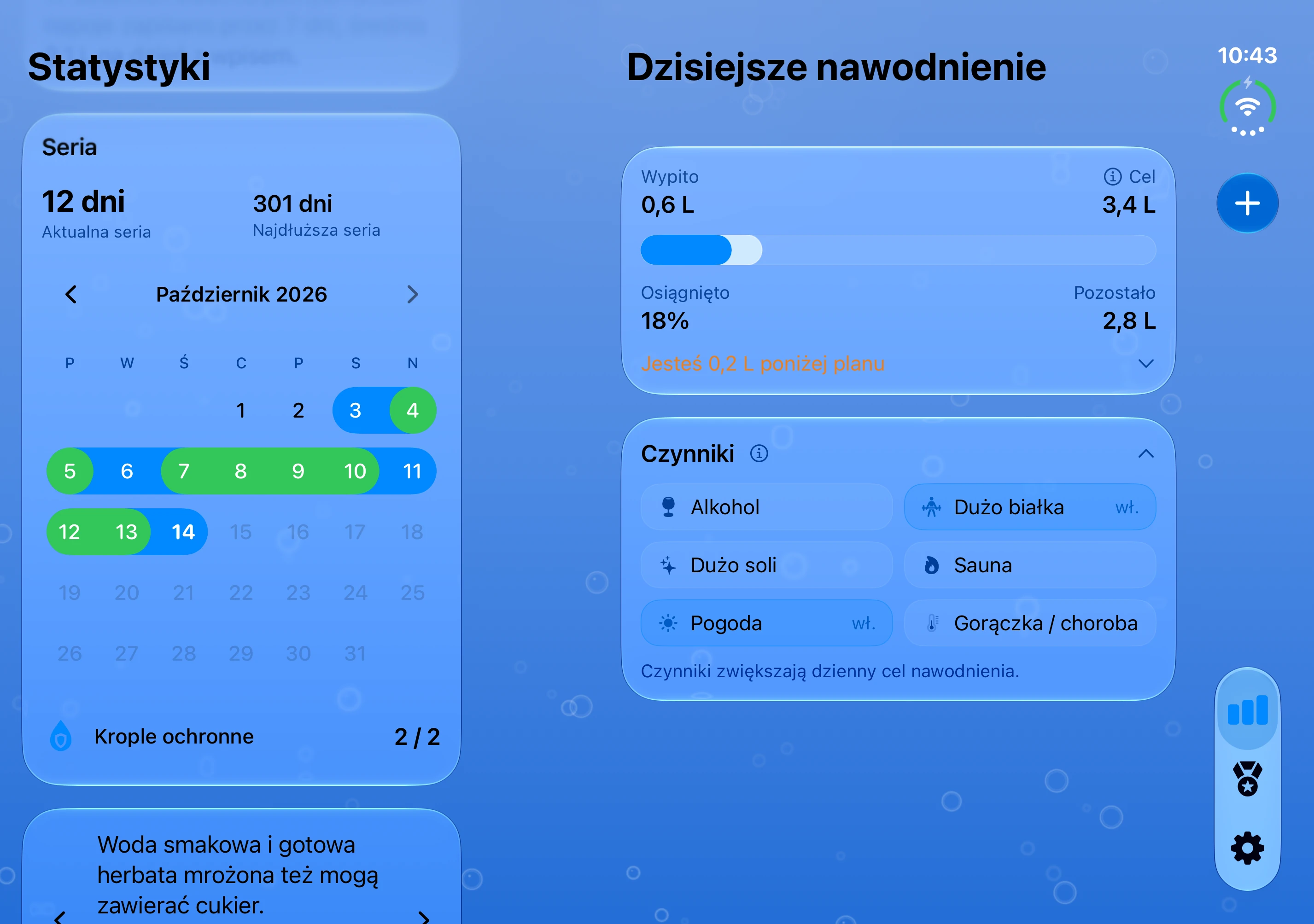 DailySip: podsumowanie picia obok kalendarza na ekranie wewnętrznym