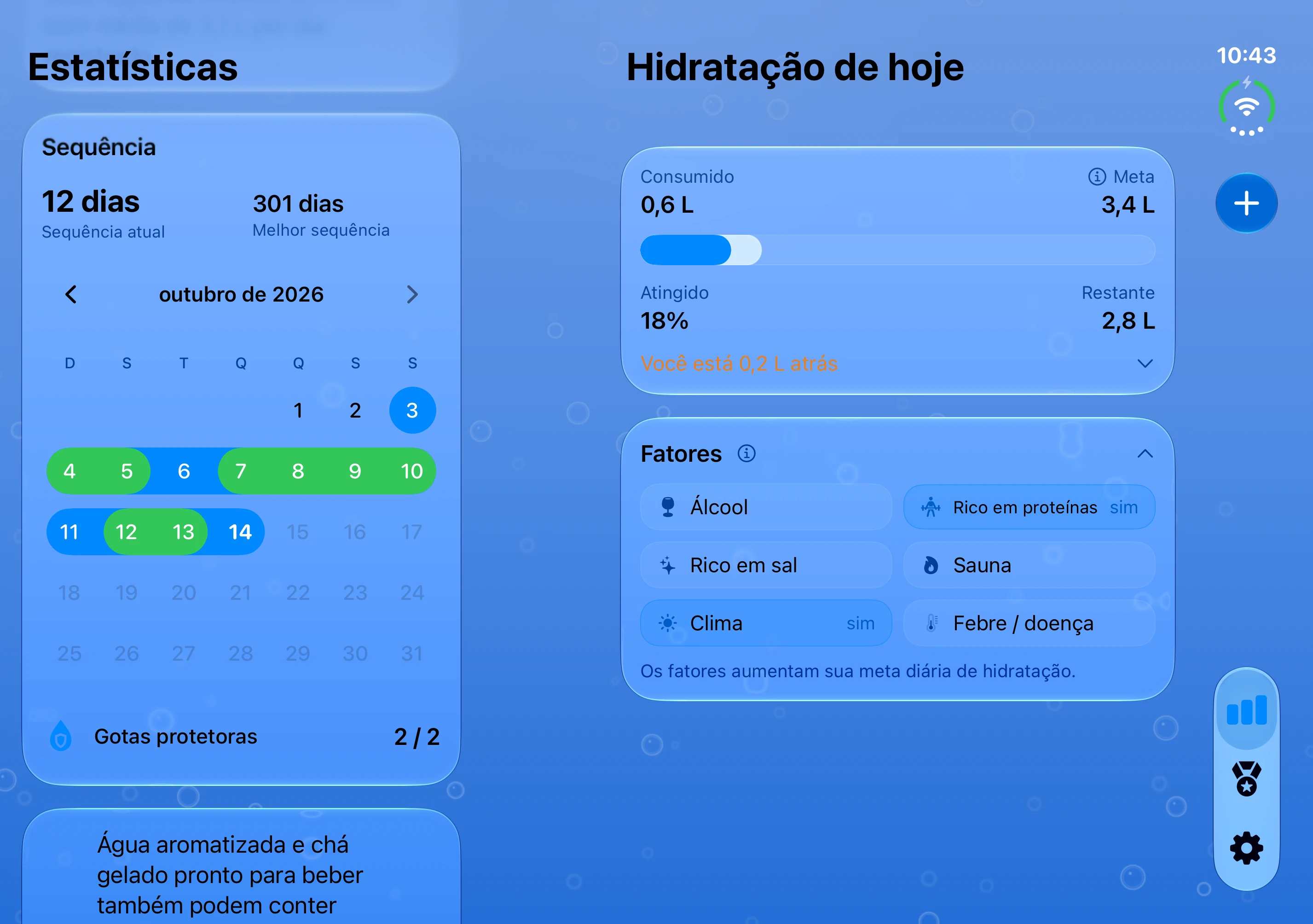 DailySip: resumo da água ao lado do calendário na tela interna