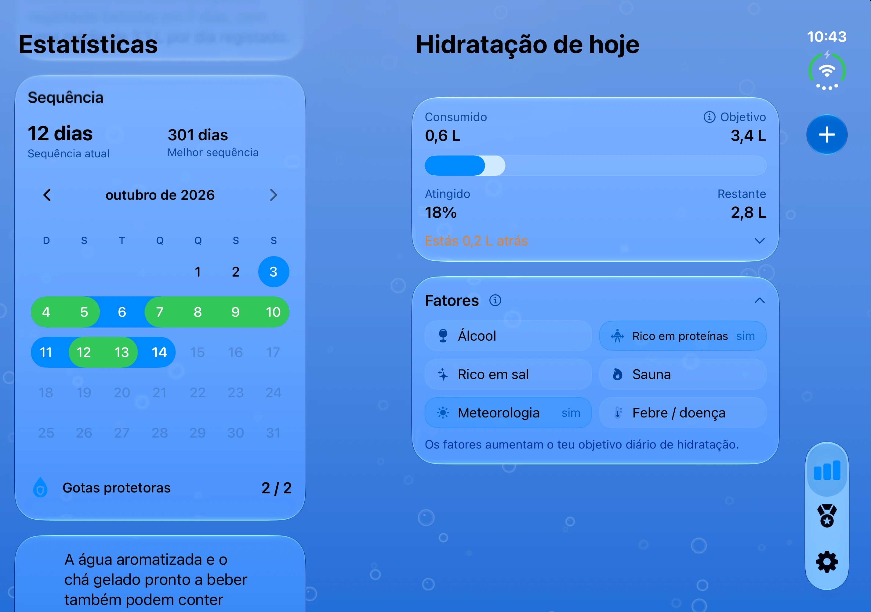DailySip: resumo da água ao lado do calendário no ecrã interior