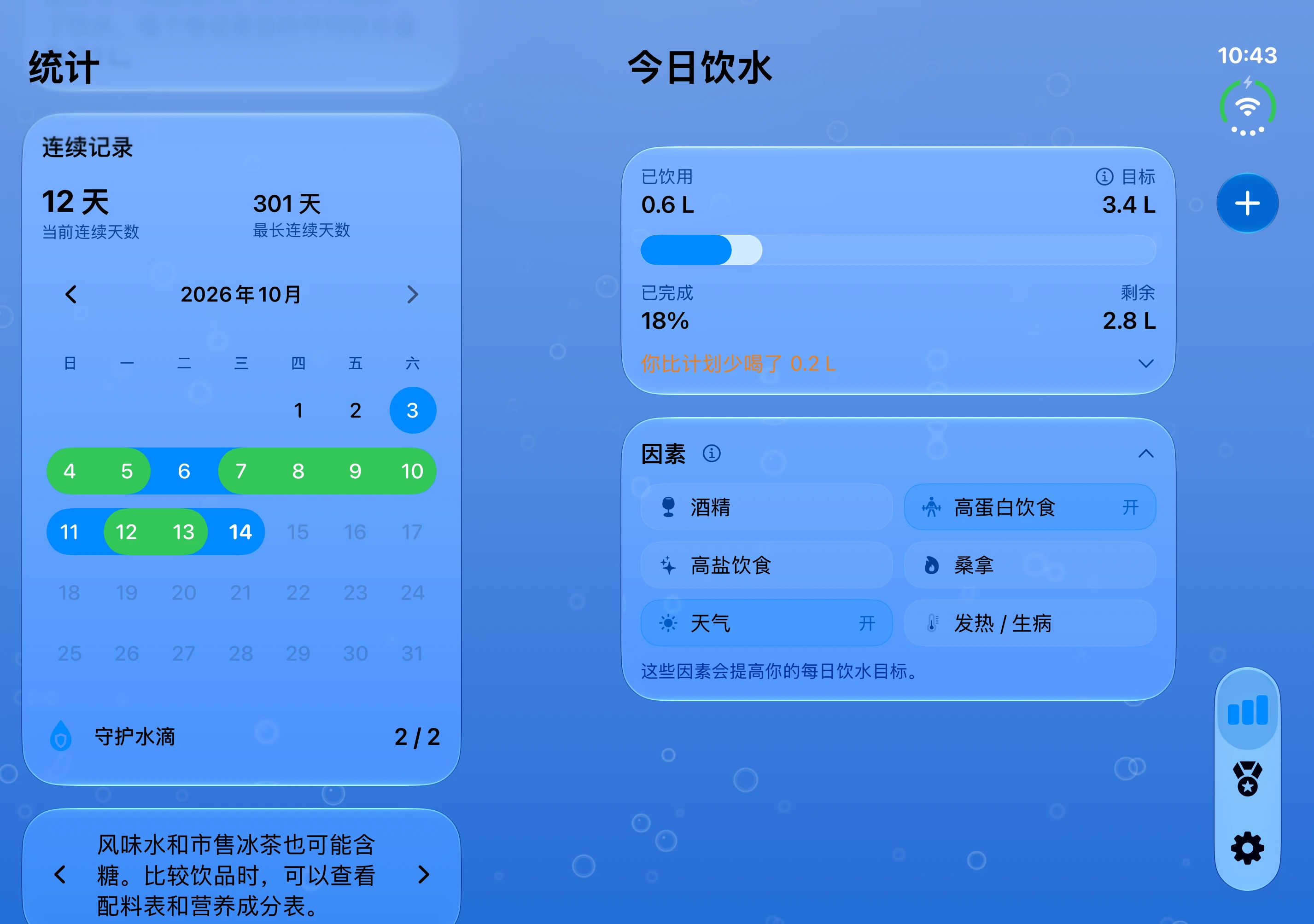 DailySip：内屏上并排显示的饮水概览与日历