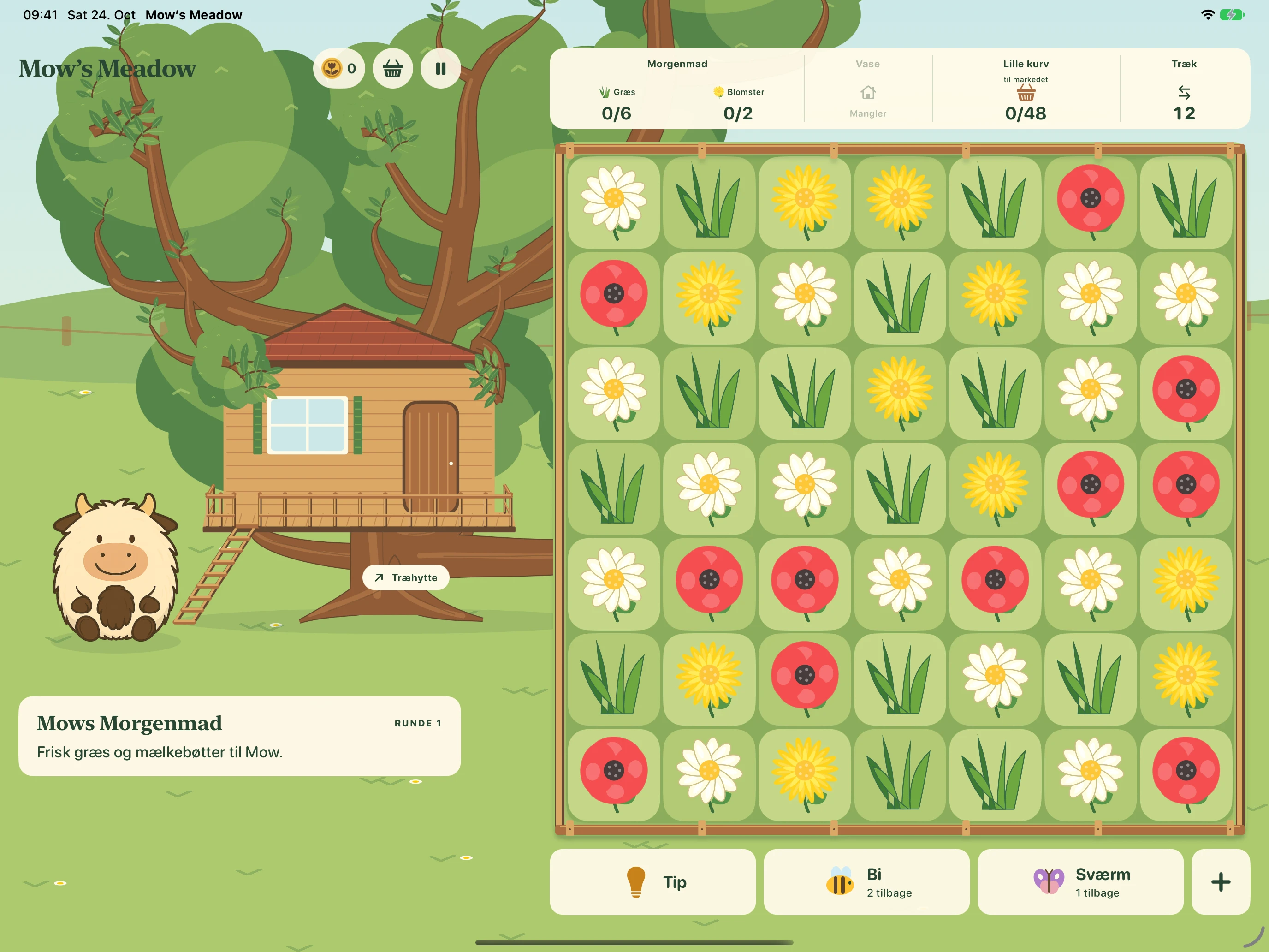 Mow’s Meadow på iPad: Mow og hendes træhytte til venstre, den store spilleplade til højre