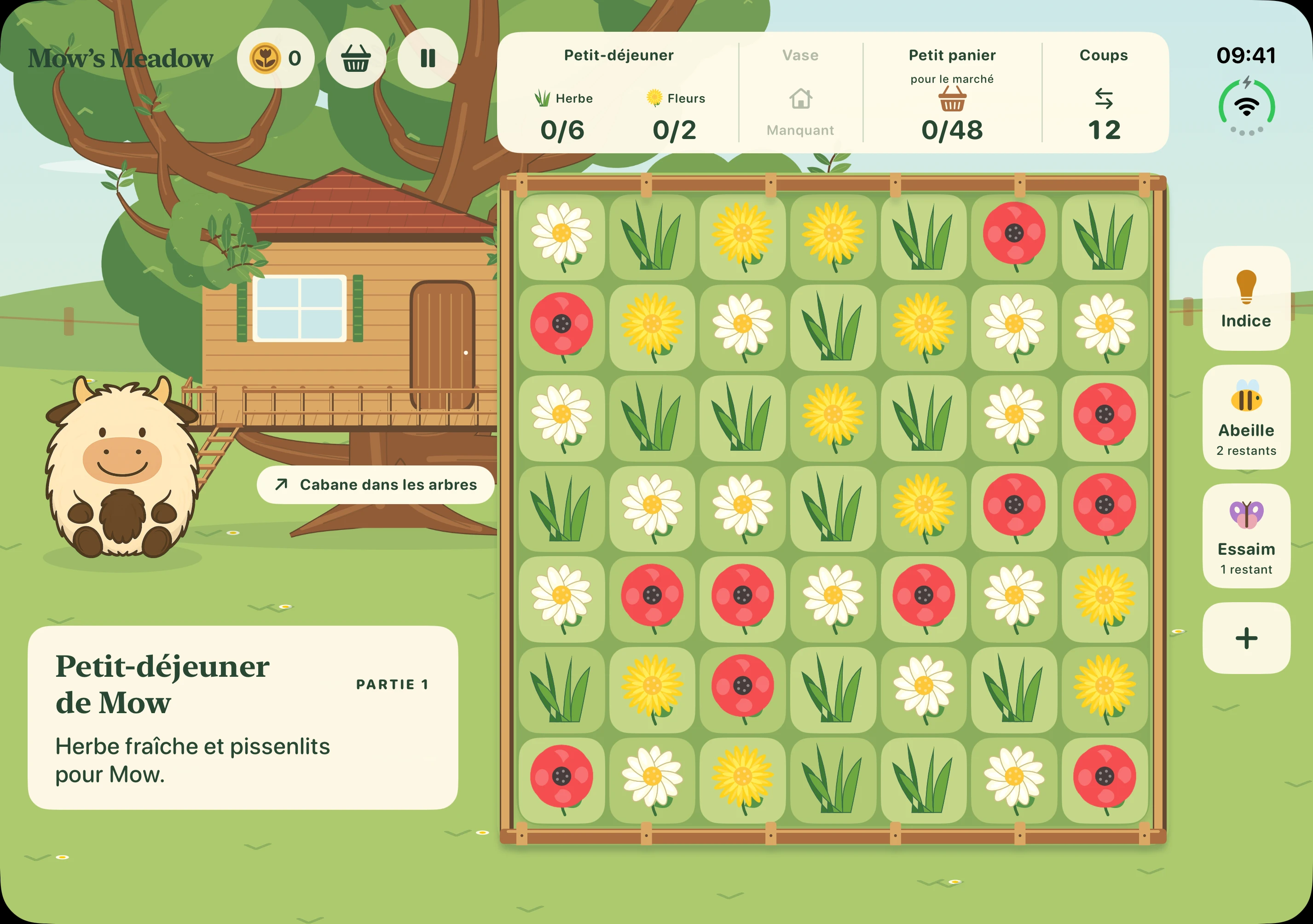 Mow’s Meadow : Mow et sa cabane à gauche, plateau de jeu à droite sur l’écran intérieur
