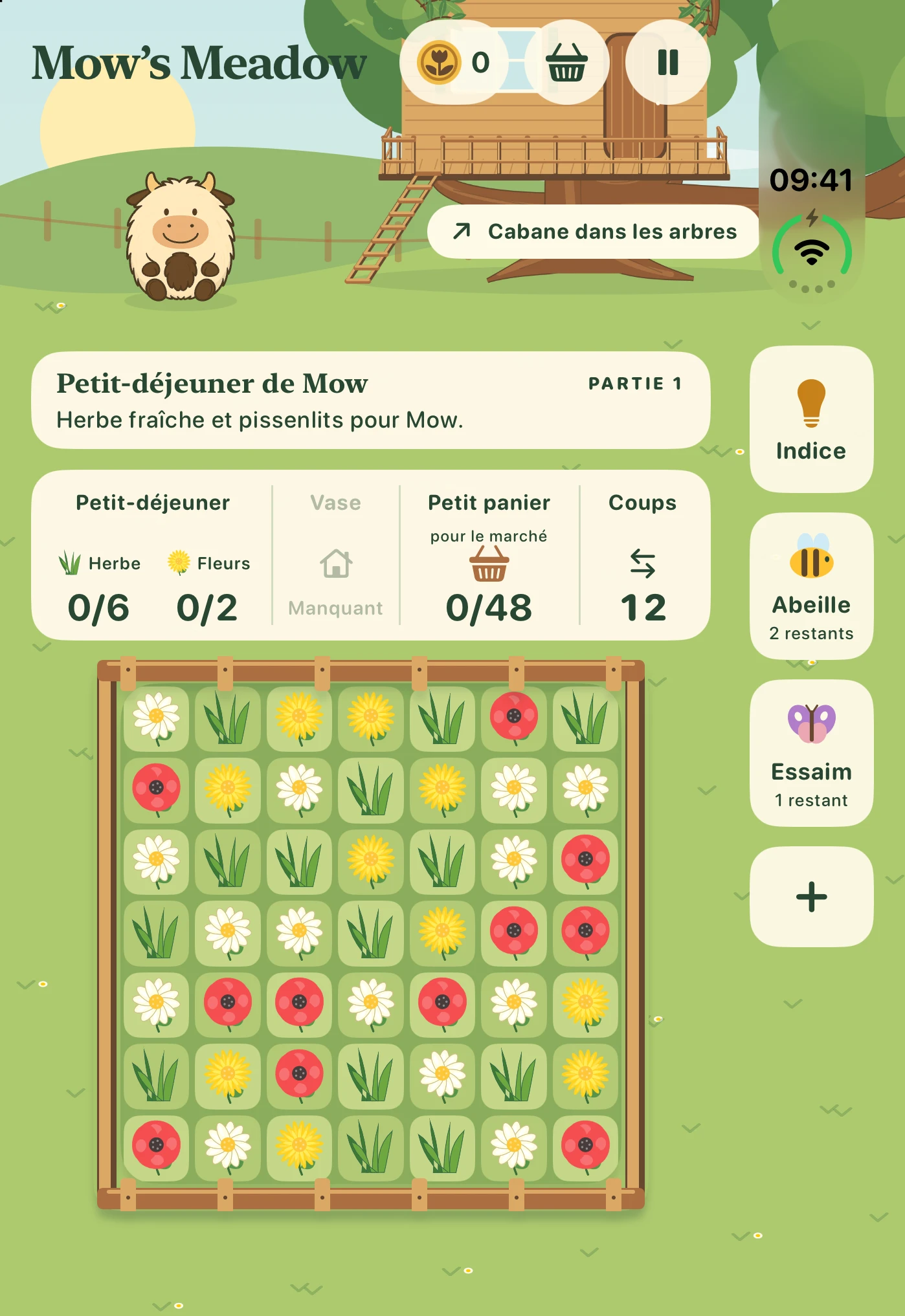 Mow’s Meadow : objectifs de récolte et plateau de jeu sur l’écran extérieur