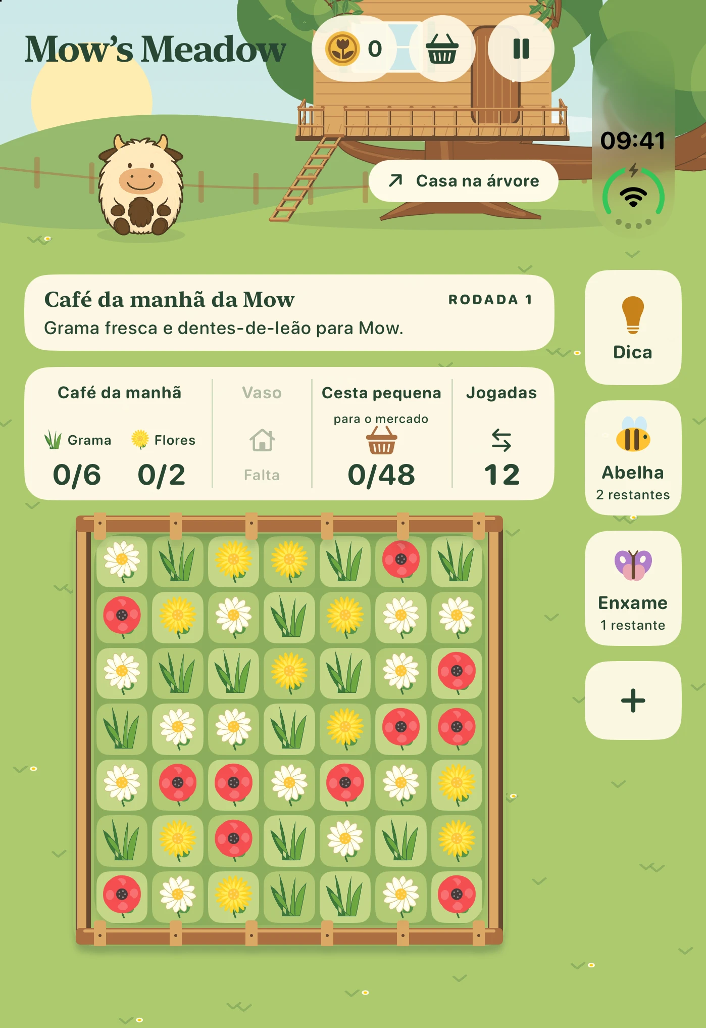 Mow’s Meadow: metas de coleta e tabuleiro na tela externa