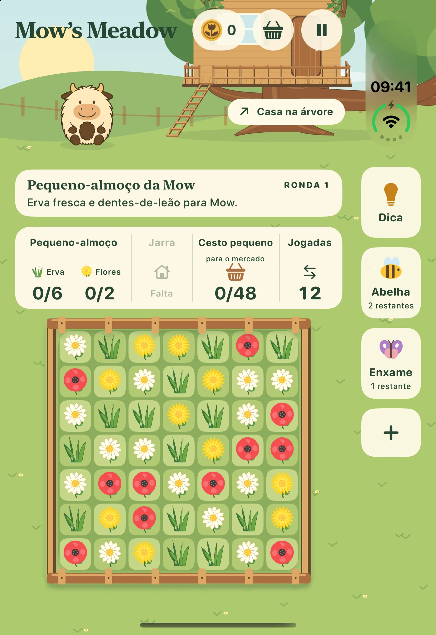 Mow’s Meadow: objetivos de recolha e tabuleiro no ecrã exterior