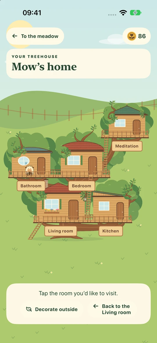 An expanded treehouse with five rooms, connected by ladders and walkways