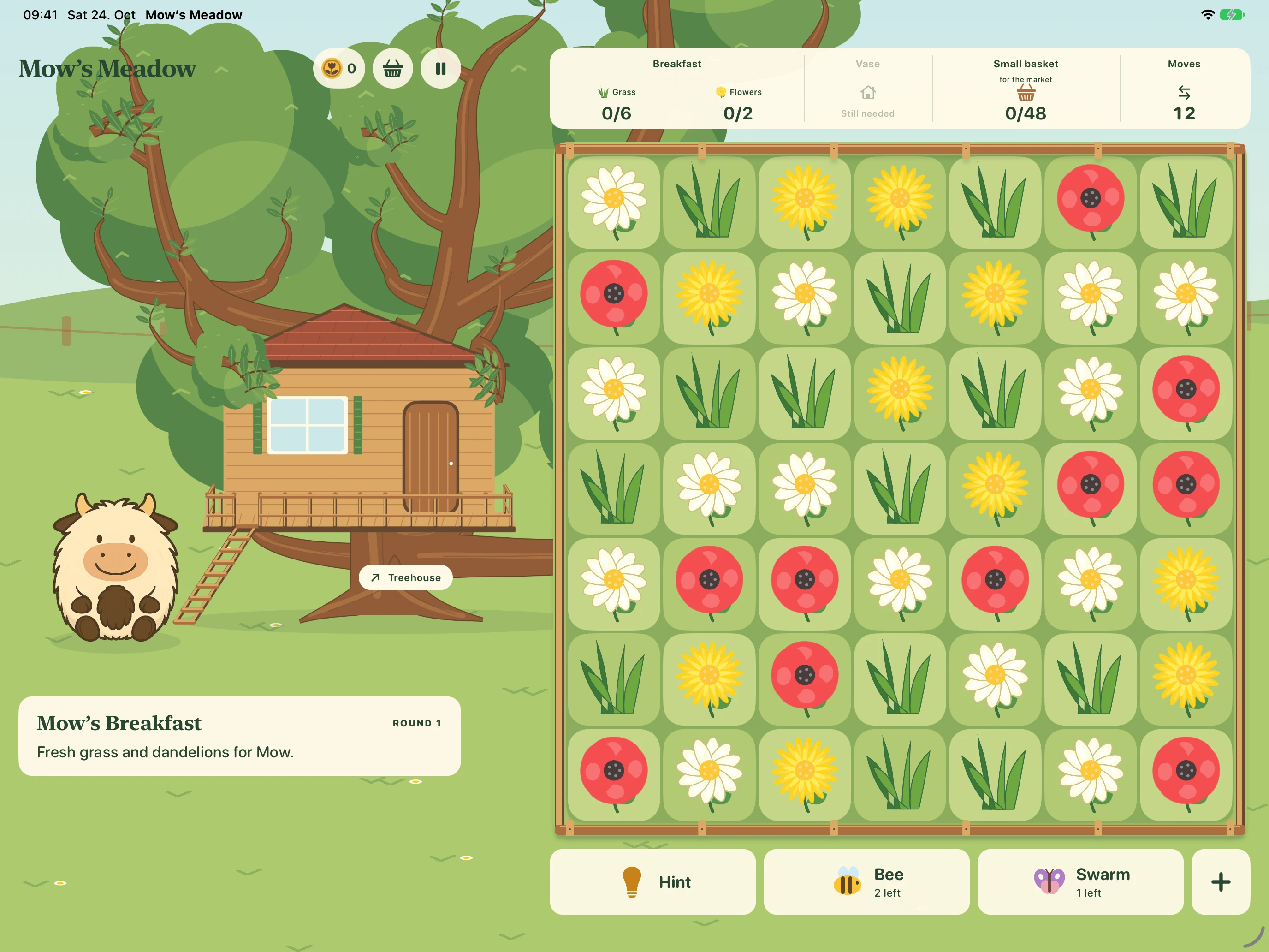 Mow’s Meadow on iPad: Mow and her treehouse on the left, the large game board on the right