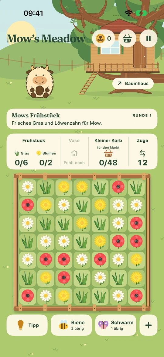 Die erste Runde: Mow auf der Weide, Sammelziele und ein Spielfeld aus Blumen und Gras