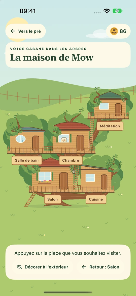 Cabane agrandie avec cinq pièces reliées par des échelles et des passerelles