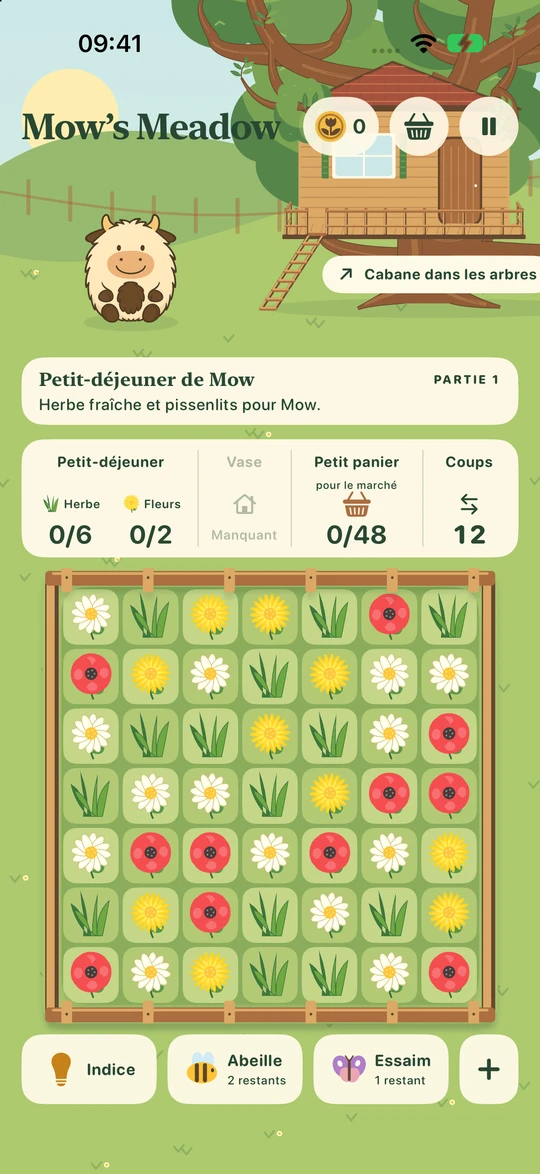 La première partie : Mow dans la prairie, les objectifs de récolte et une grille de fleurs et d’herbe