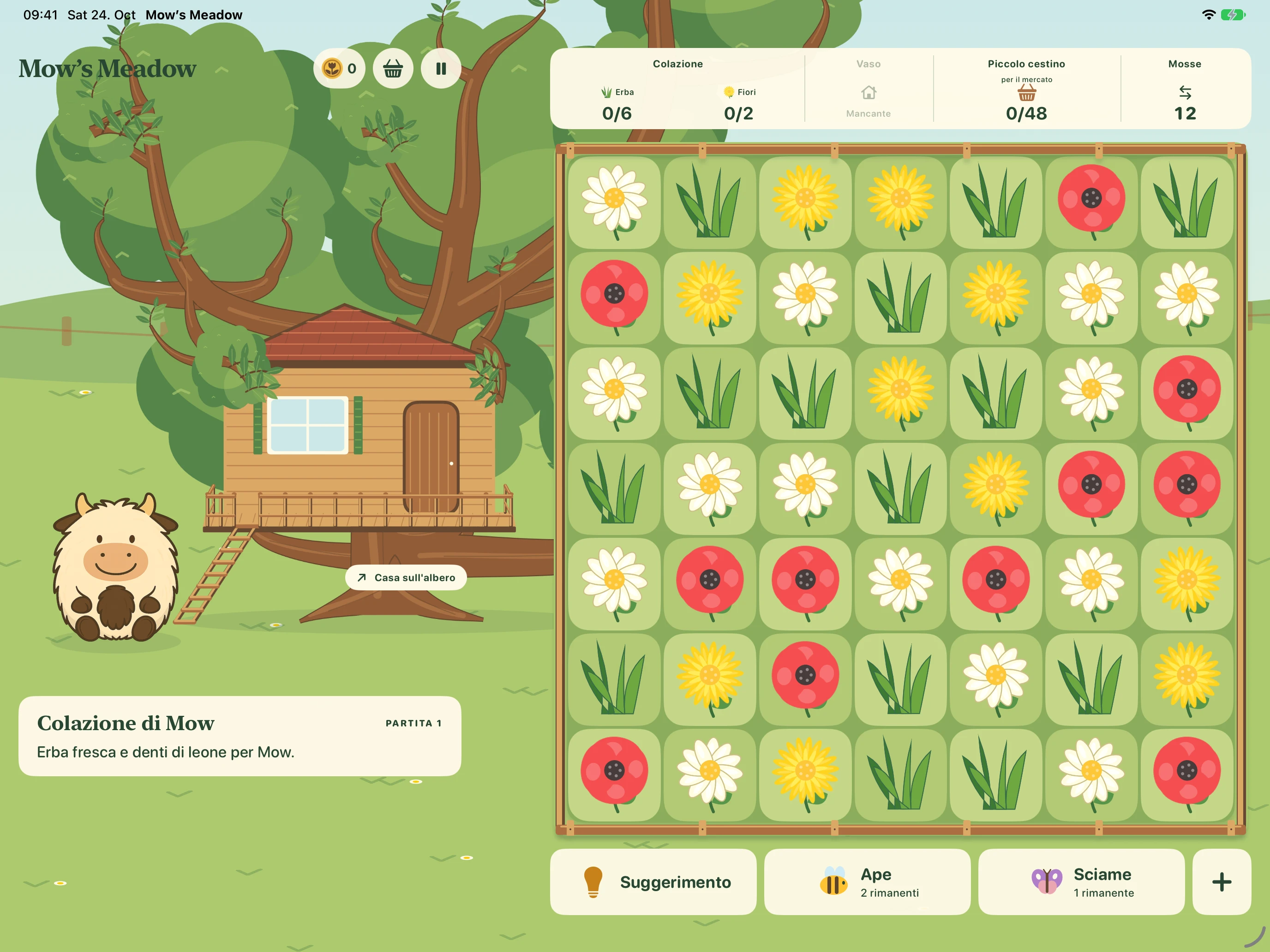 Mow’s Meadow su iPad: Mow e la sua casa sull’albero a sinistra, la grande griglia di gioco a destra
